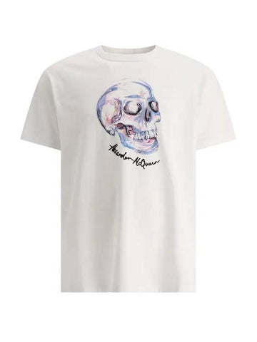 Men's Watercolor Skull Print Short Sleeve T-Shirt White - ALEXANDER MCQUEEN - BALAAN.