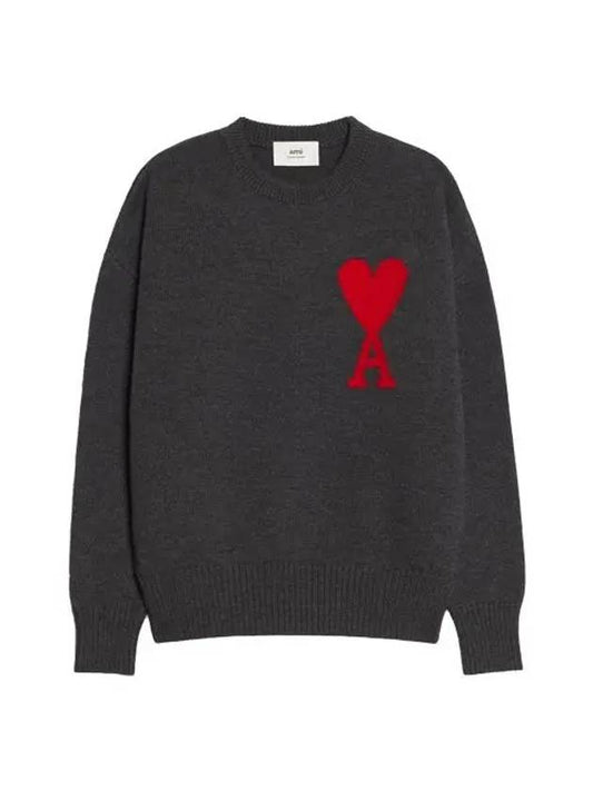 Big Heart Logo Overfit Wool Knit Top Grey - AMI - BALAAN 2