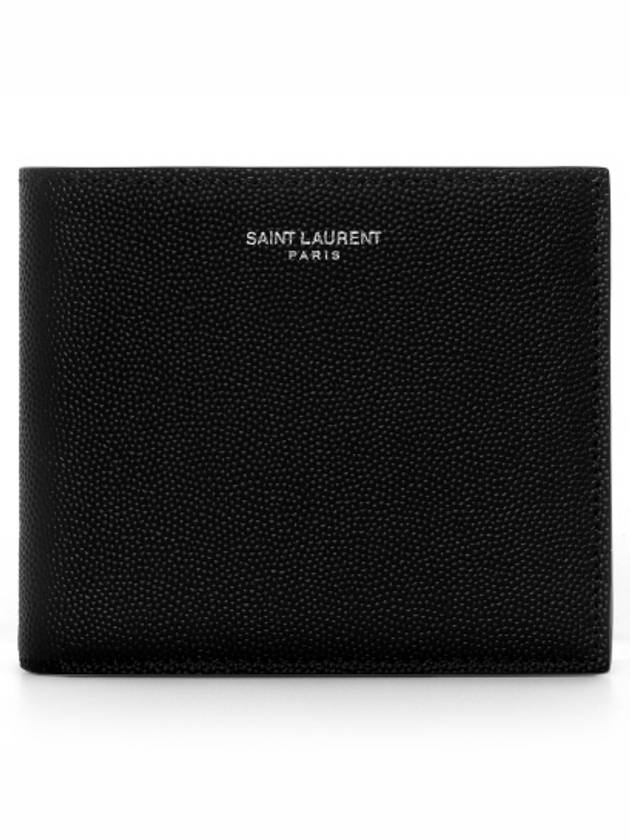 Classic Logo Textured Leather Half Wallet Black - SAINT LAURENT - BALAAN 2