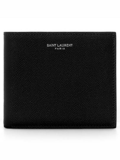 Classic Logo Textured Leather Half Wallet Black - SAINT LAURENT - BALAAN 2