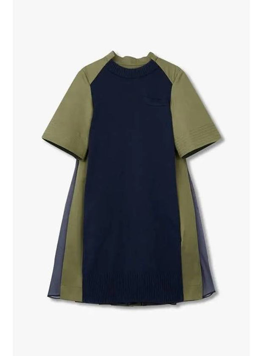 Women s See through Pleated Gabardine Knit Dress Navy - SACAI - BALAAN 1