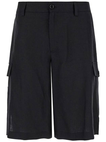 Black Bermuda Shorts With Logo Patch In Linen Man - DOLCE&GABBANA - BALAAN 1