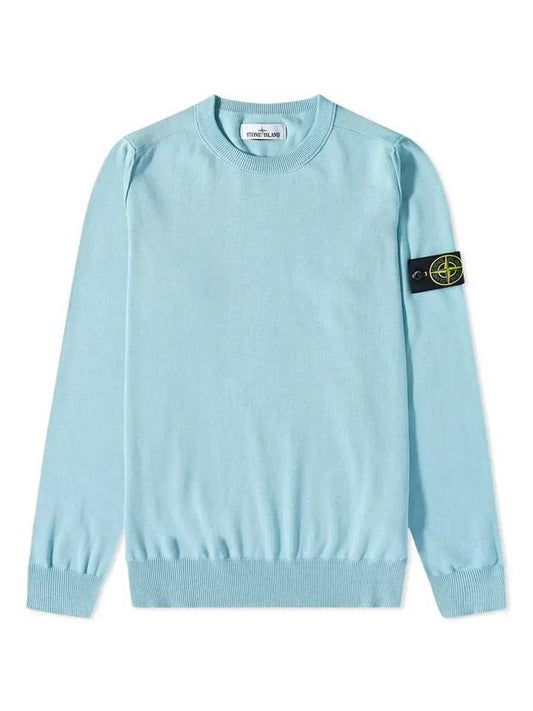 Wappen Patch Crew Neck Soft Cotton Knit Top Pastel Blue - STONE ISLAND - BALAAN 1