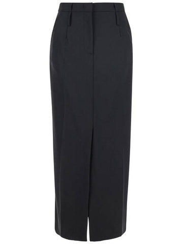 'Sister' Black Long Skirt With Front And Rear Sit In Wool Blend Stretch Woman - TELA - BALAAN 1