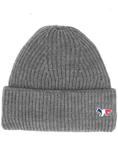 Tricolor Fox Patch Ribbed Beanie Grey - MAISON KITSUNE - BALAAN 2