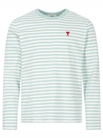 Small Heart Logo Stripe Long Sleeve T-shirt Green - AMI - BALAAN 1