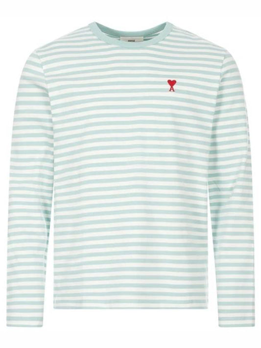 Small Heart Logo Stripe Long Sleeve T-shirt Green - AMI - BALAAN 1