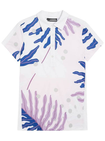 Women's Jada Paradise Monstera Print Polo Short Sleeve T-Shirt Pink - J.LINDEBERG - BALAAN 1