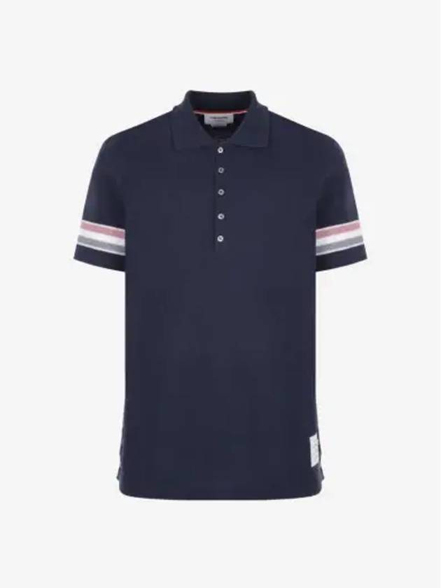 Men's RWB Stripe Cotton Polo Shirt Navy - THOM BROWNE - BALAAN 3