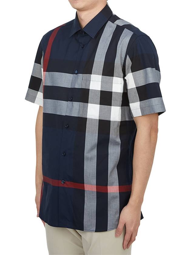 Check Cotton Short Sleeve Shirt Navy - BURBERRY - BALAAN 3