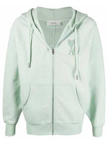 Men's Heart Embroidered Logo Zip-Up Hoodie Green - AMI - BALAAN 1