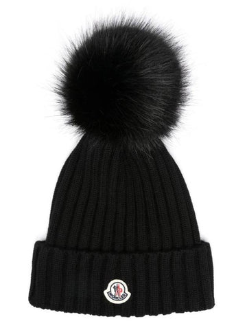 Pom-Pom Detail Wool Beanie Black - MONCLER - BALAAN 1