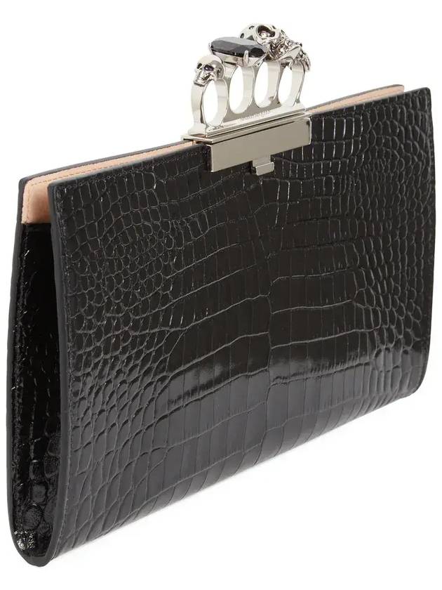 Silver Skull Four Ring Crocodile Leather Clutch Bag Black - ALEXANDER MCQUEEN - BALAAN 3