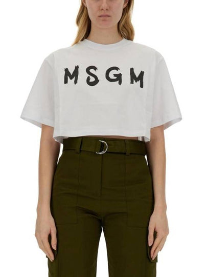 Logo Print Crop Cotton Short Sleeved T-shirt White - MSGM - BALAAN 2