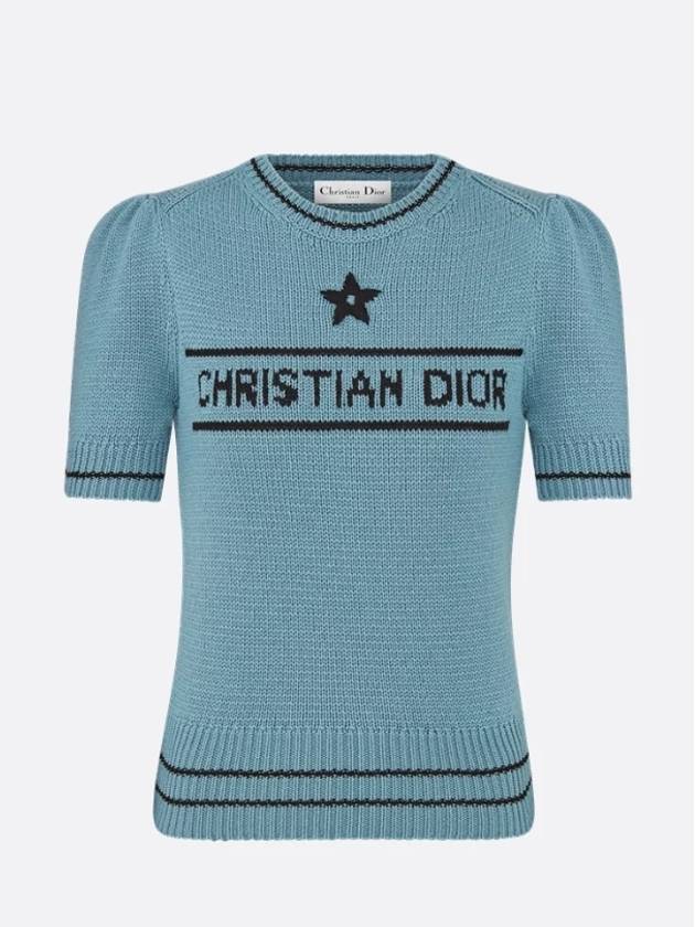 Women's Signature Logo Short Sleeve Knit Top Blue - DIOR - BALAAN 2