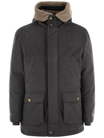 Membranated wool flannel parka down jacket with hood and shearling insert - BRUNELLO CUCINELLI - BALAAN 1