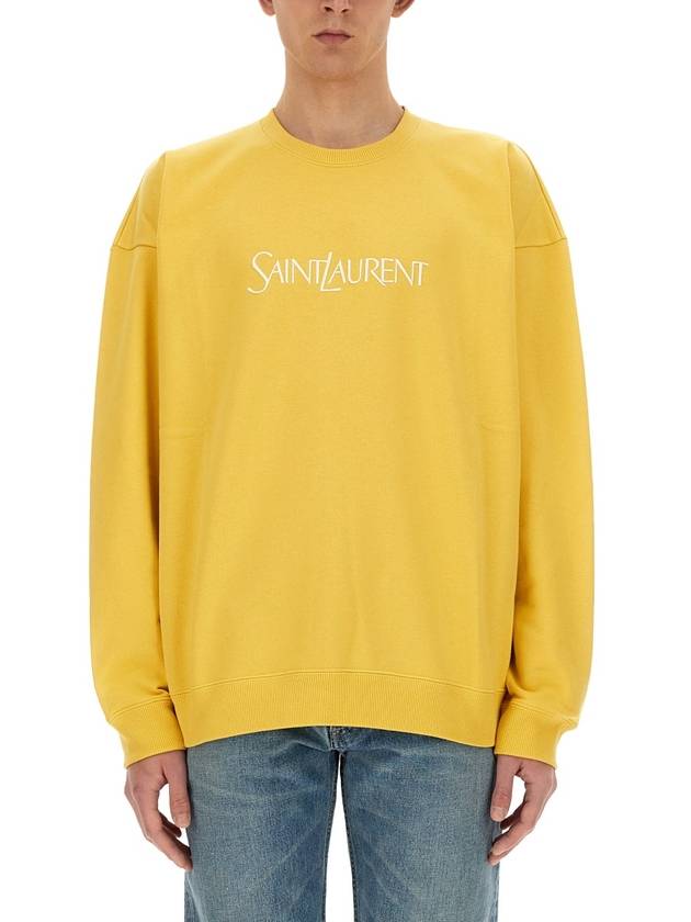 Embroidered Logo Organic Cotton Sweatshirt Yellow - SAINT LAURENT - BALAAN 2