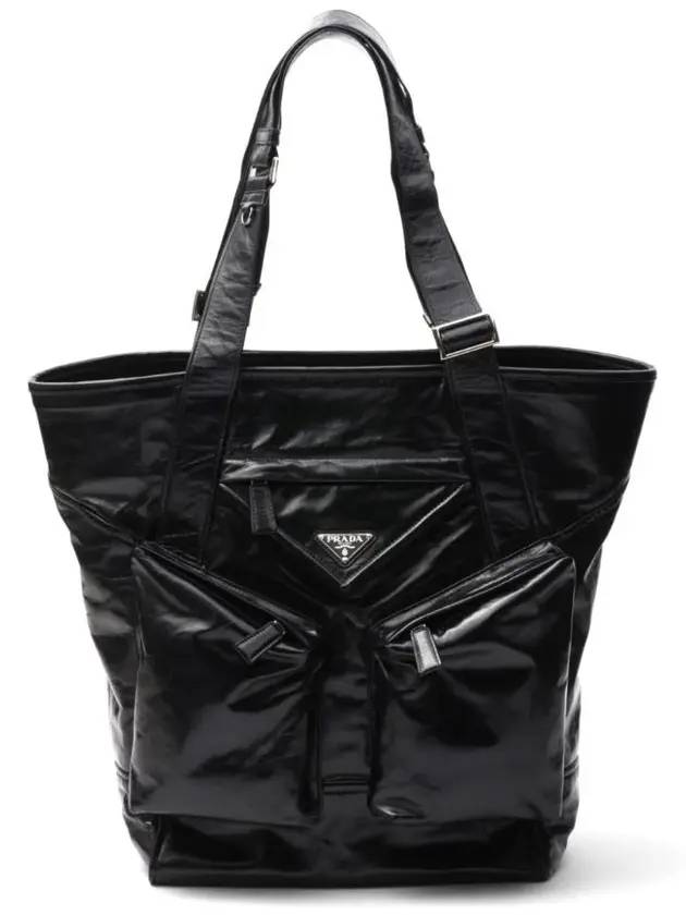 Triangle Logo Leather Shoulder Tote Bag Black - PRADA - BALAAN 1