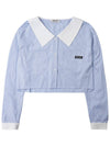 Women's Logo Patch Striped Crop Shirt Sky Blue - MIU MIU - BALAAN 11