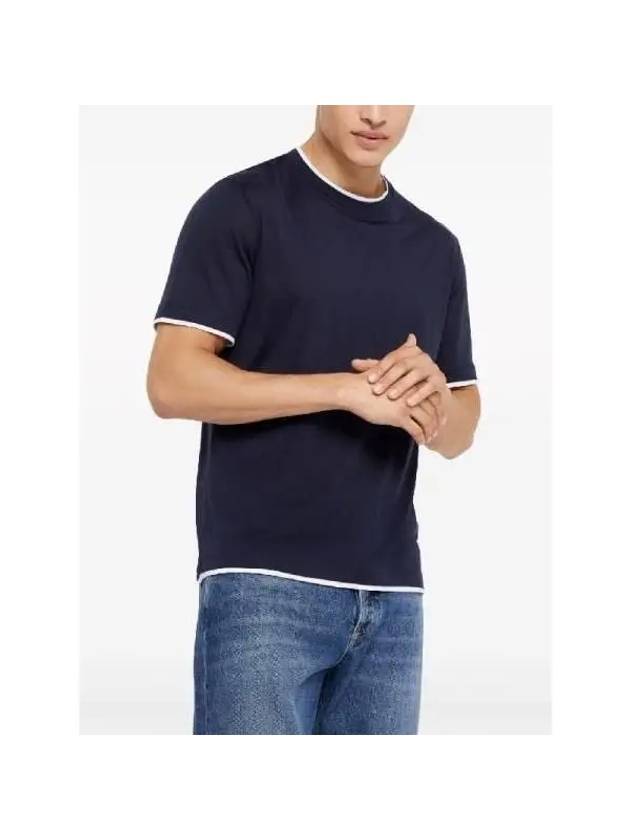 Double Layer Crew Neck Cotton Silk Short Sleeve T-Shirt Dark Blue - BRUNELLO CUCINELLI - BALAAN 3