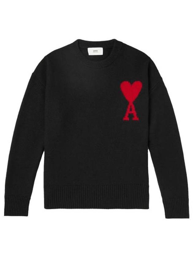 Intarsia Big Heart Logo Wool Knit Top Black - AMI - BALAAN 2