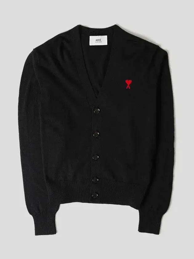 Red Heart Logo Merino Wool Cardigan Black - AMI - BALAAN 2