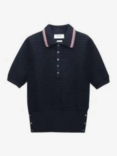 Textured Stitch Cotton Short Sleeve Polo Shirt Navy - THOM BROWNE - BALAAN 2