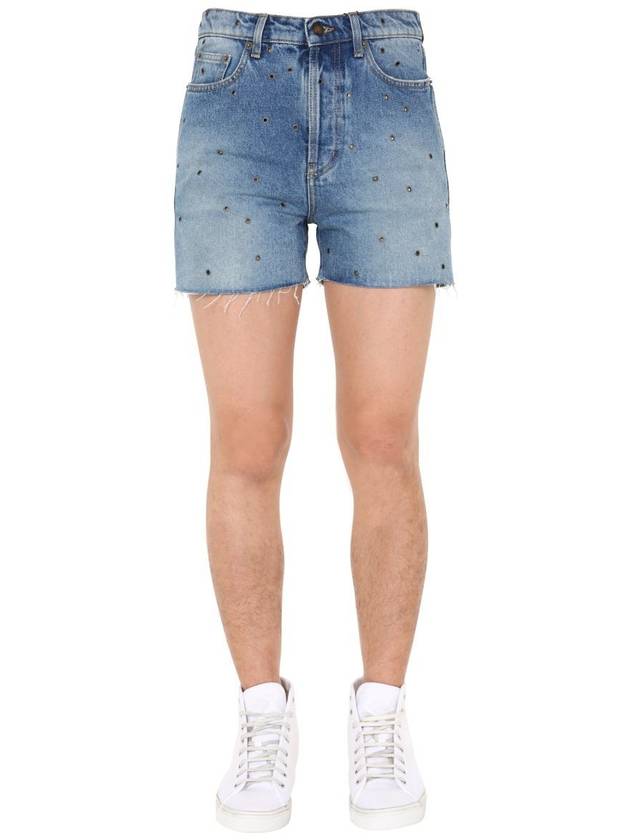 Eyelet Stud Cotton Denim Shorts Blue - SAINT LAURENT - BALAAN 2