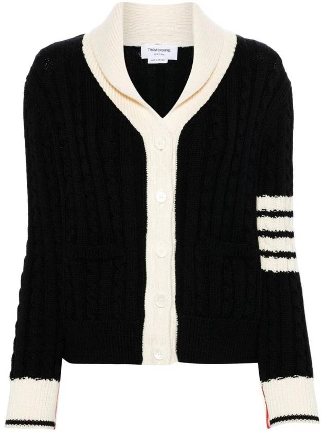 Classic Wool 4-Bar Cable Knit Cardigan Navy - THOM BROWNE - BALAAN 1