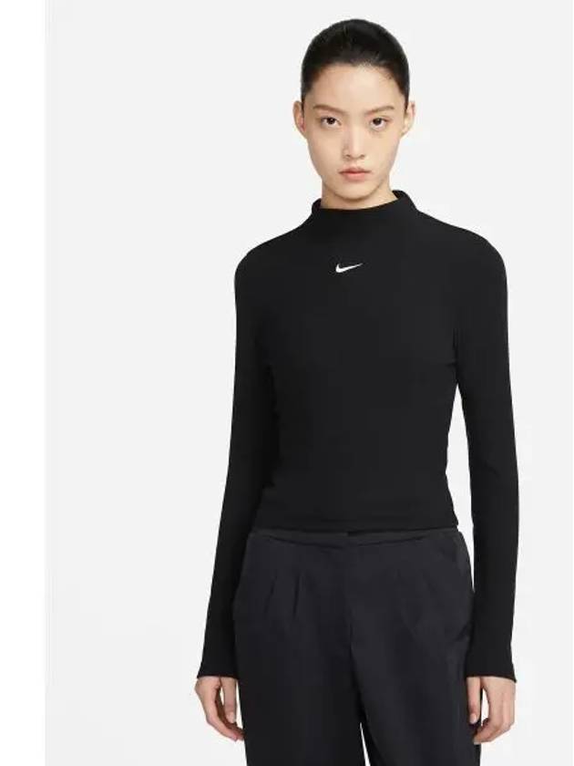 Sportswear Essentials Ribbed Mock Neck Long Sleeve T-Shirt Black - NIKE - BALAAN 2