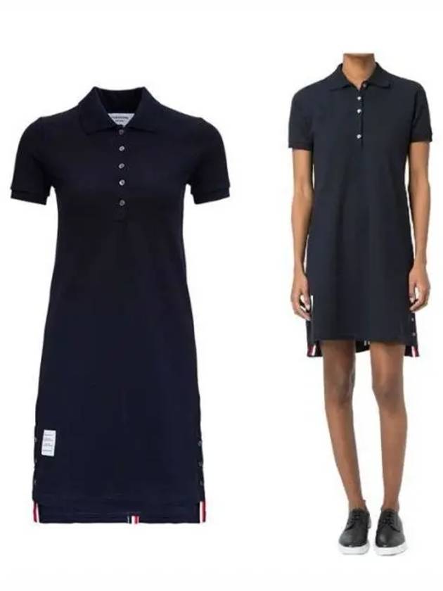 Classic Cotton Pique Center Back Stripe A-Line Short Sleeve Polo Short Dress Navy - THOM BROWNE - BALAAN 2