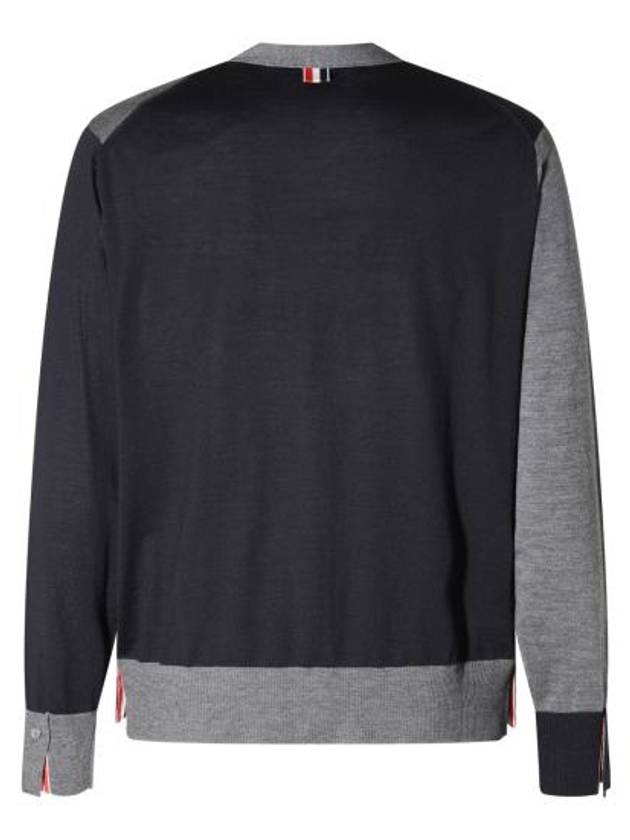 Fun Mix Fine Merino Jersey Stripe Relaxed V-Neck Cardigan Navy Grey - THOM BROWNE - BALAAN 5