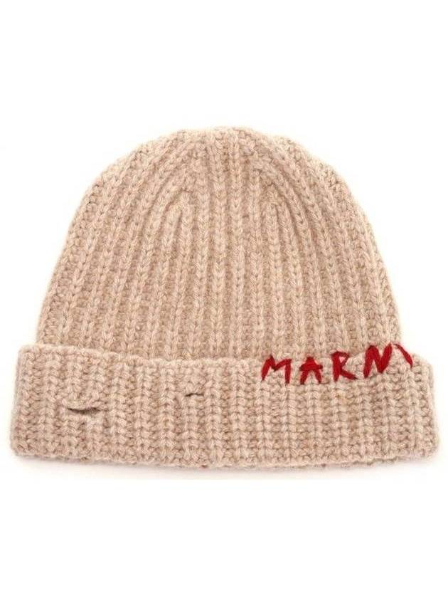 Embroidered Logo Rib Beanie Beige - MARNI - BALAAN 1