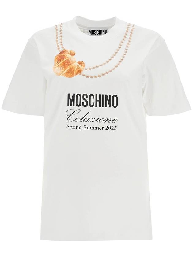 white cotton t-shirt with croissant and pearls print - MOSCHINO - BALAAN 1