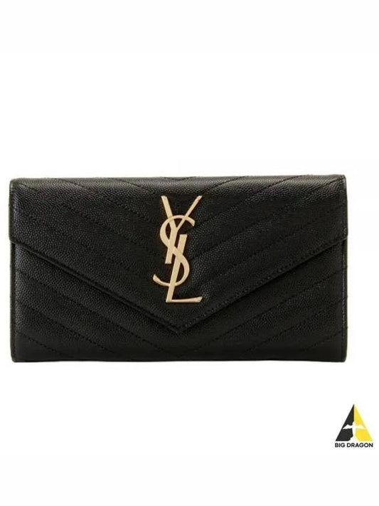 Matelasse Monogram Quilting Leather Flap Long Wallet Black - SAINT LAURENT - BALAAN 2