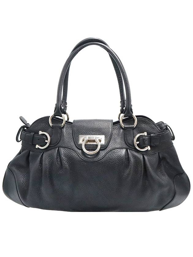 Ferragamo 21 B234 Black Leather Silver Gancini Hobo Shoulder Bag - SALVATORE FERRAGAMO - BALAAN 1