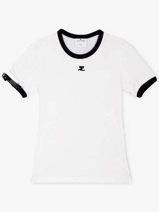 Courr ges Women s Buckle Contrast Heritage White Black Short Sleeve T shirt 124JTS117 JS0070 0098 - COURREGES - BALAAN 2