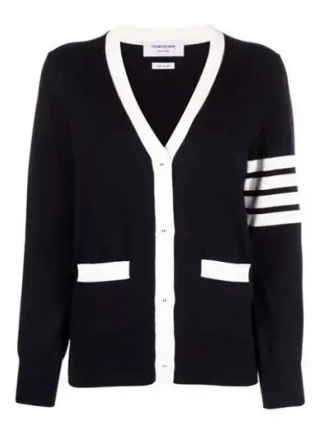 Cotton Hector Pointelle 4 Bar V Neck Cardigan Navy - THOM BROWNE - BALAAN 2