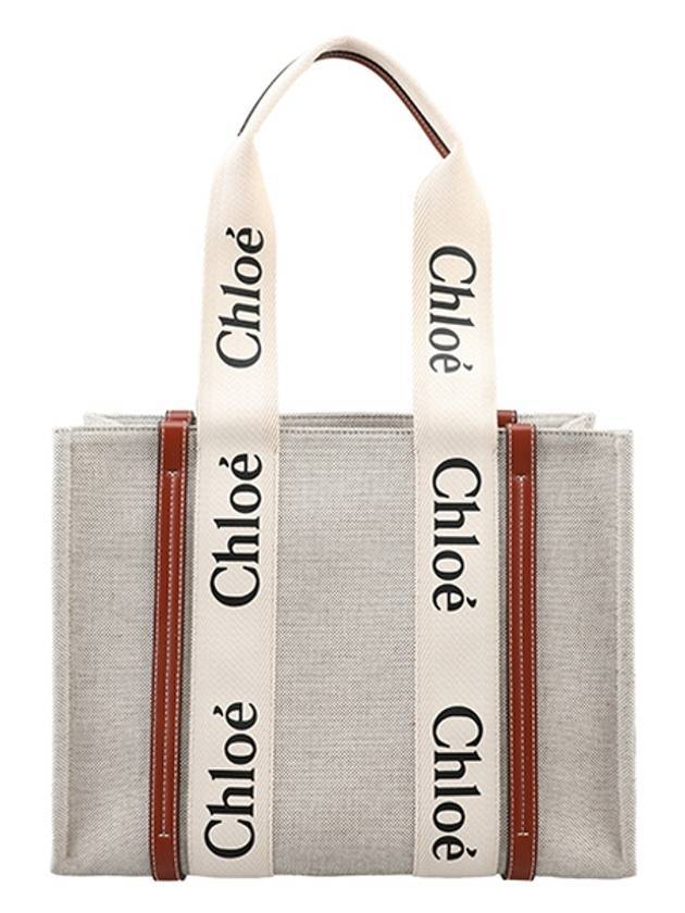 Woody Medium Canvas Calfskin Tote Bag White Brown - CHLOE - BALAAN.