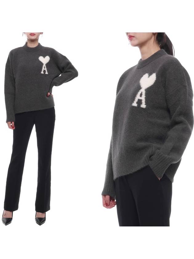 Intarsia Logo Crewneck Knit Top Dark Grey - AMI - BALAAN 3