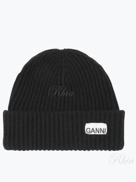 Logo Patch Knit Beanie Black - GANNI - BALAAN 2