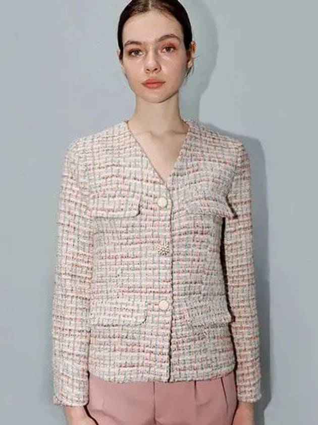 Pink Tweed V neck jacketPink Tweed V neck JK - DAMAGE MNEMONIC - BALAAN 1