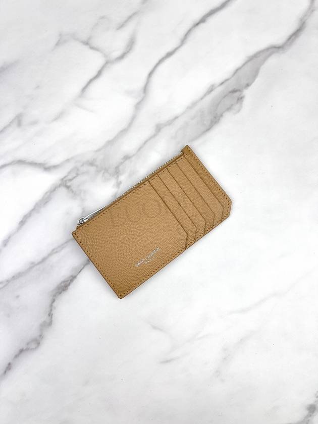 Logo Print Pebbled Leather Card Wallet Brown - SAINT LAURENT - BALAAN 6