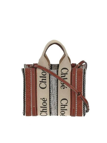 Woody Small Striped Linen Calfskin Strap Tote Bag Soft Tan - CHLOE - BALAAN 1