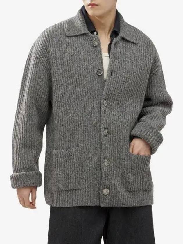 Shetland Ribbed Virgin Wool Cardigan Grey - AMI - BALAAN 2