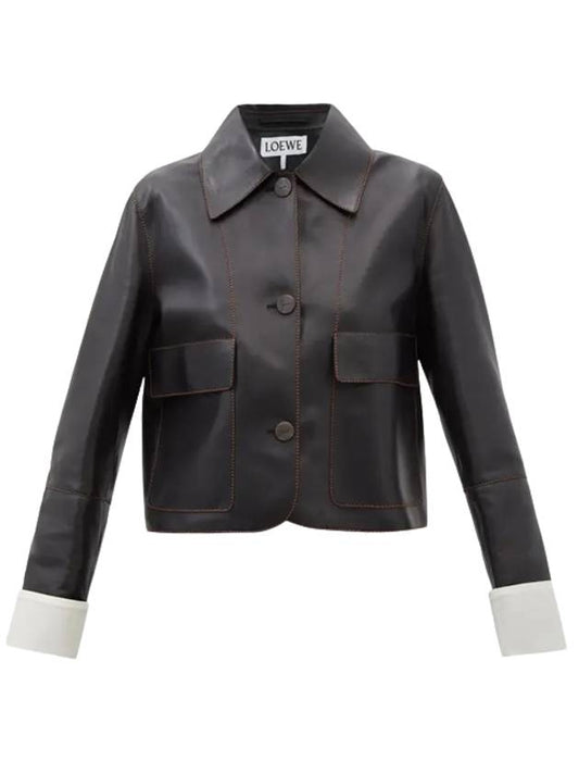 Women's Cropped Leather Jacket Black - LOEWE - BALAAN 1