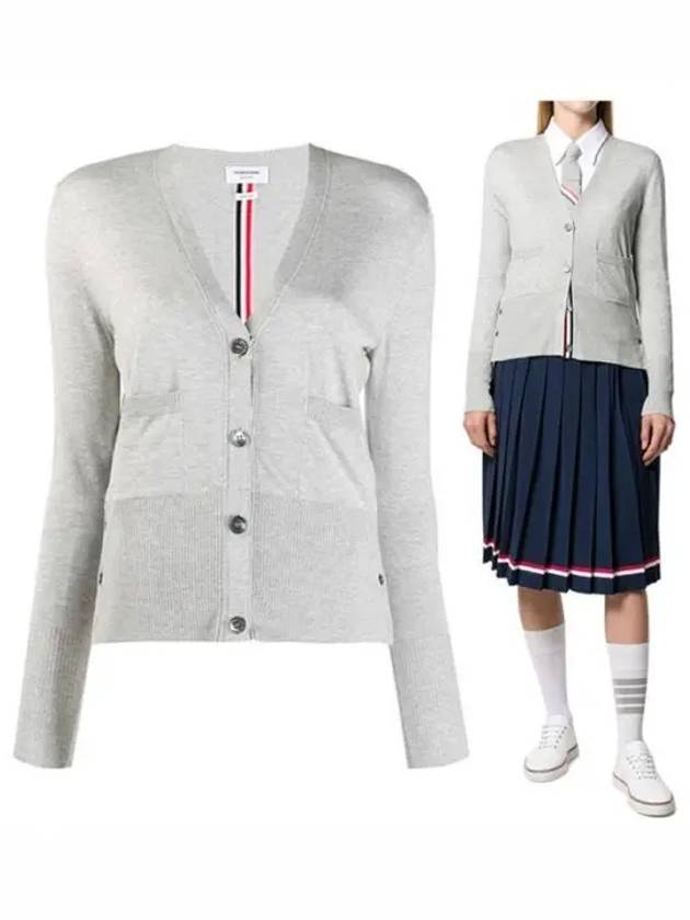 Silk Cotton Blend Relaxed V-Neck Cardigan Light Grey - THOM BROWNE - BALAAN 2