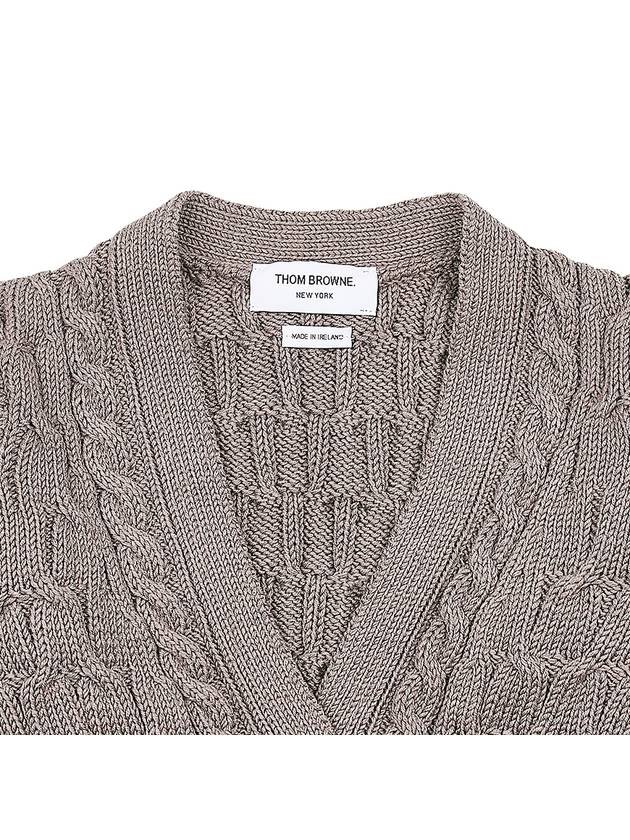 Merino Wool Crisscross Cable Stitch 3/4 Sleeve V-Neck Cardigan Medium Brown - THOM BROWNE - BALAAN 4