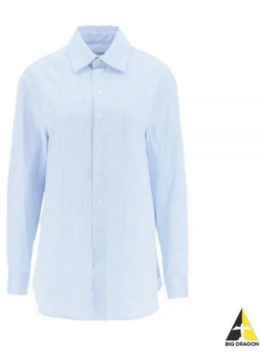 Striped Cotton Poplin Monogram Long Sleeve Shirt Blue - SAINT LAURENT - BALAAN 2