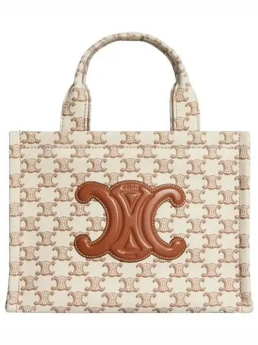 Small Cabas Thais in Textile with Triomphe Canvas Print Calfskin Tote Bag Brown White - CELINE - BALAAN.